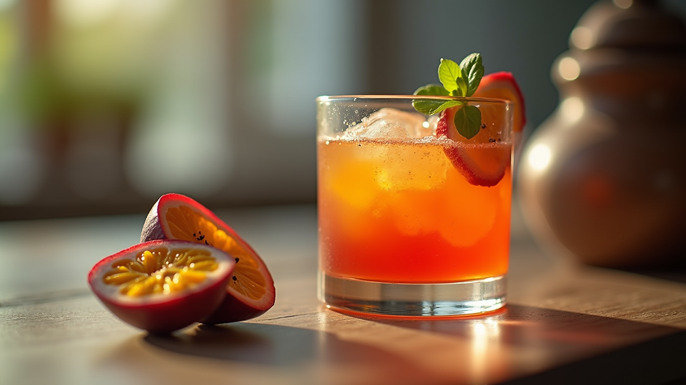 Eye-level view of a cocktail glass with passion fruit syrup and fresh garnish