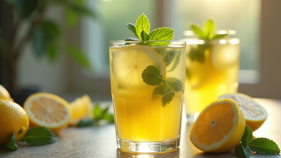 Close-up view of a glass of gourmet lemonade with fresh mint and lemon slices