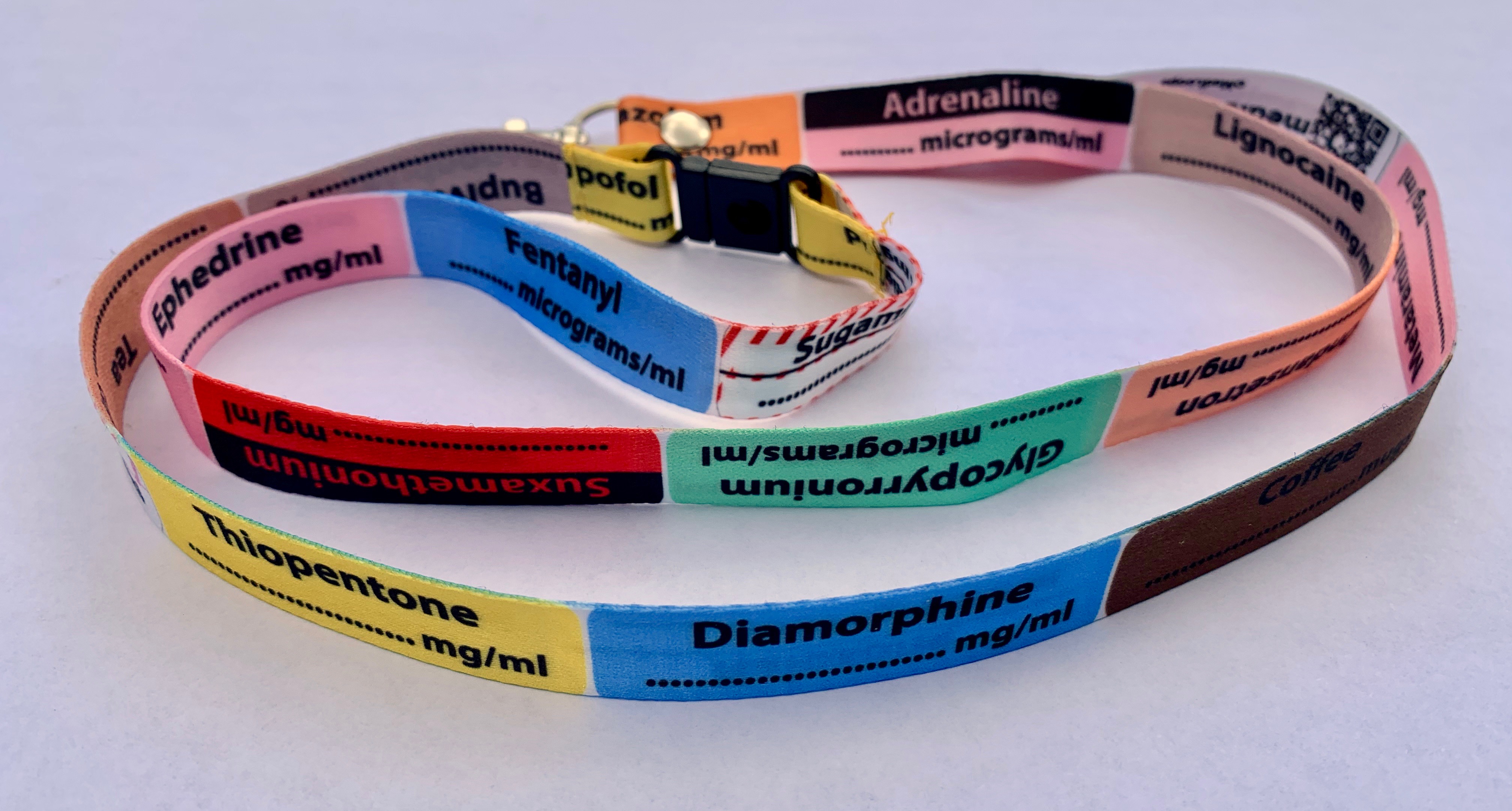 Fun anaesthetic and intensive care drugthemed lanyards