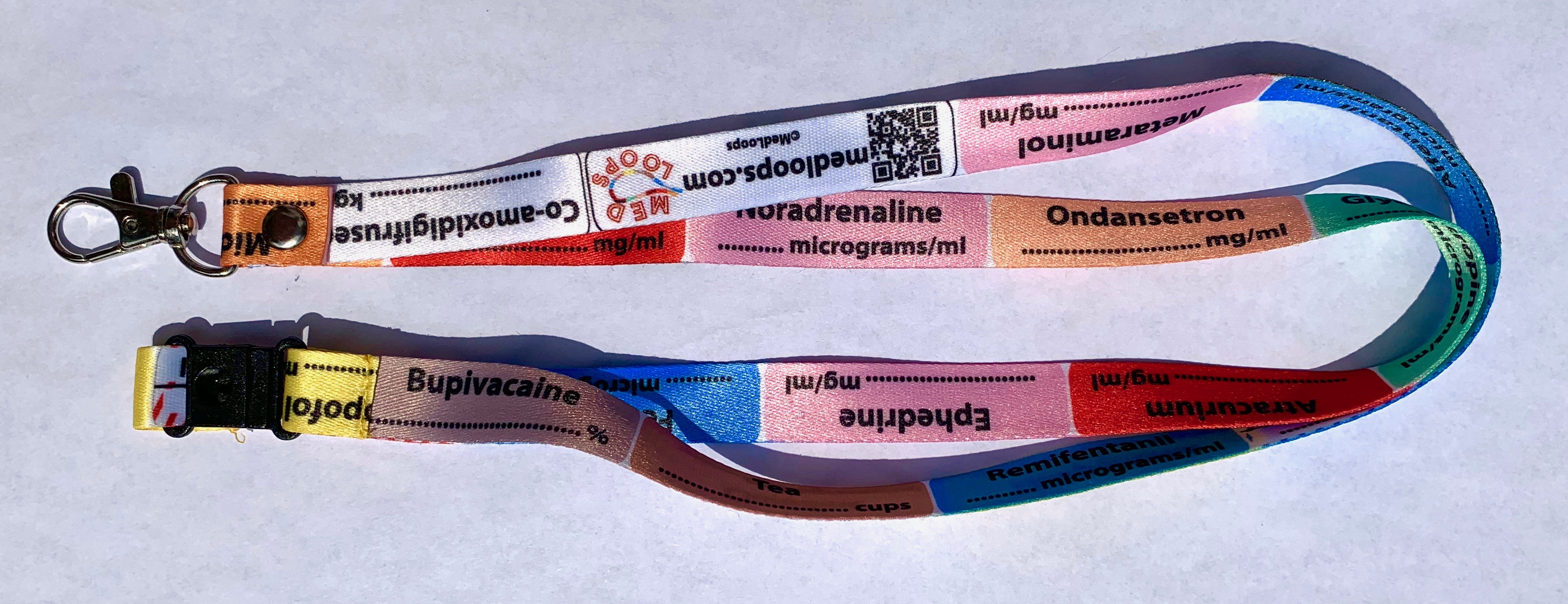 Fun anaesthetic and intensive care drugthemed lanyards
