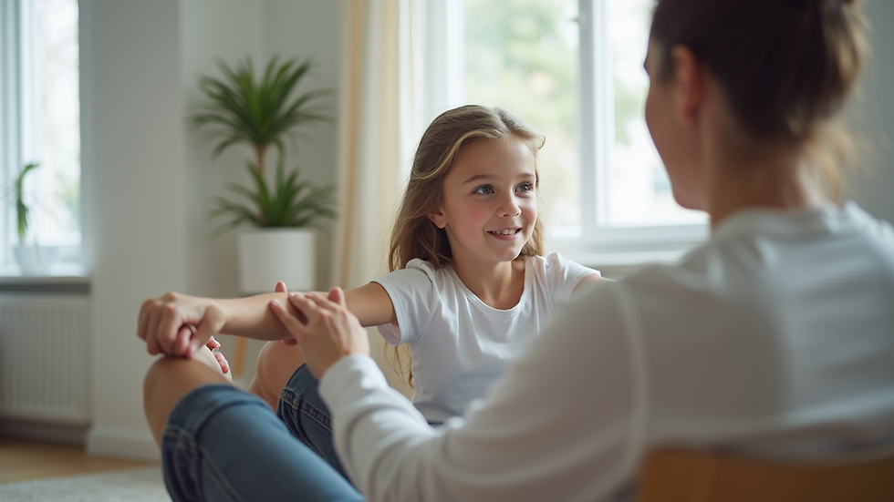 Eye-level view of a child engaging in physical therapy exercises with a therapist