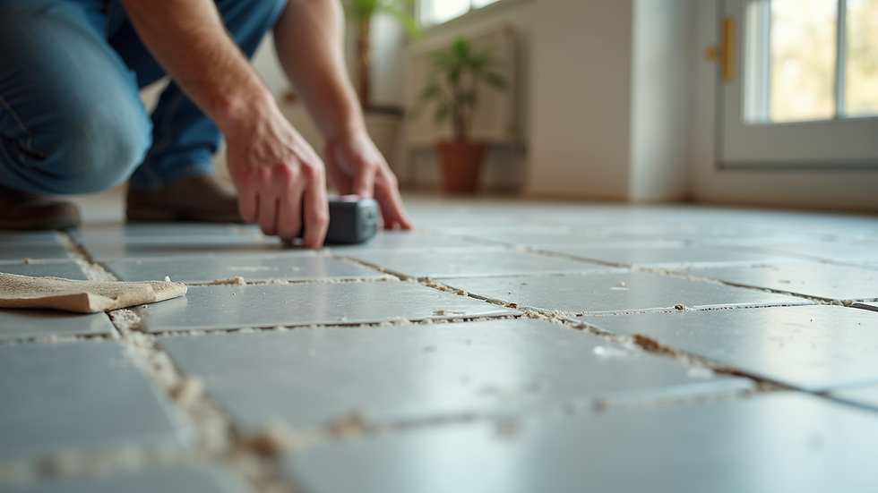 Eye-level view of a tiled floor installation process