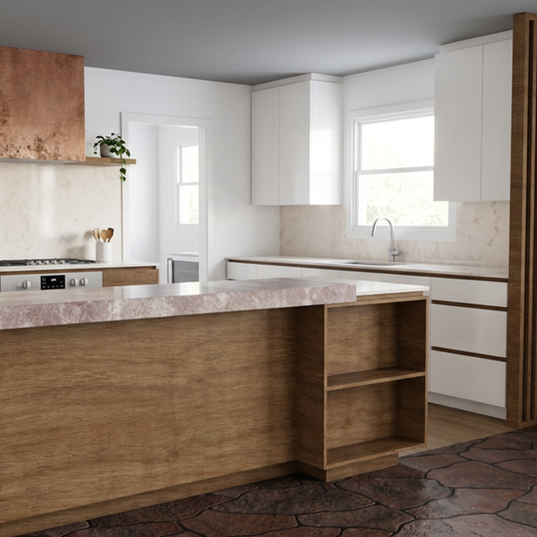 modern kitchen rendering, natural materials, kitchen renovation
