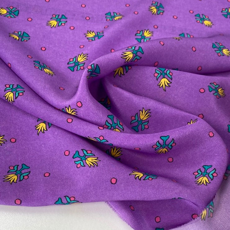 Italian 100% silk crepe de Chine, striking modern motif, purple, per 0.5m