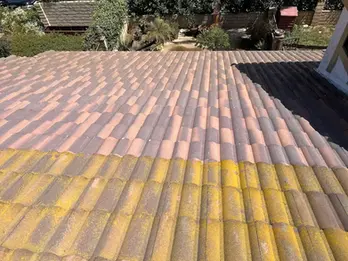View from a tiled roof in Riverside, looking down at a driveway with a ladder, utility truck, and black car—perfect spot to see professional residential pressure washing in action on this peaceful street.