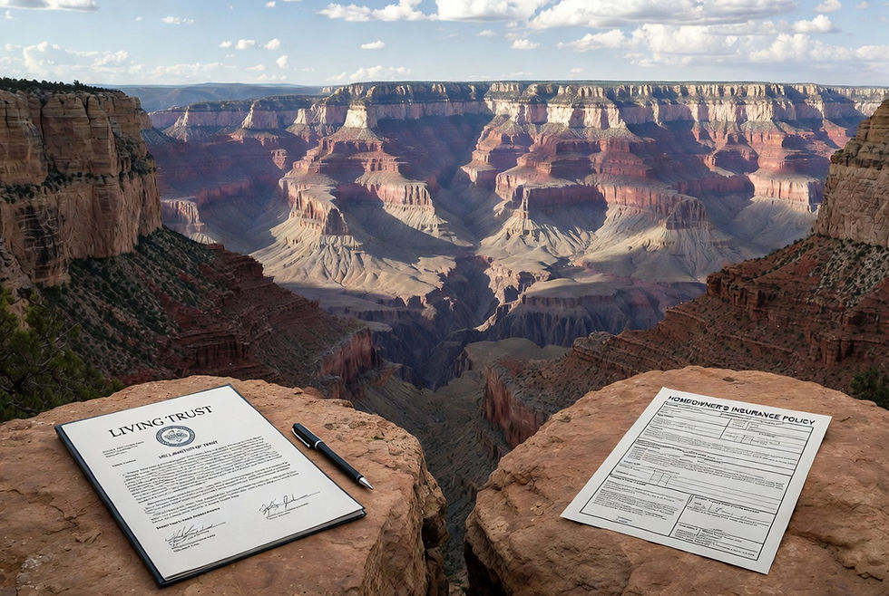 Image of a Living Trust and Homeowner's Insurance Policy on opposite sides of a canyon.