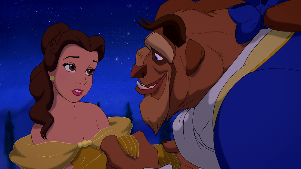 Belle (Voice of Paige O'Hara) and the Beast (Voice of Robby Benson) in "Beauty and the Beast"