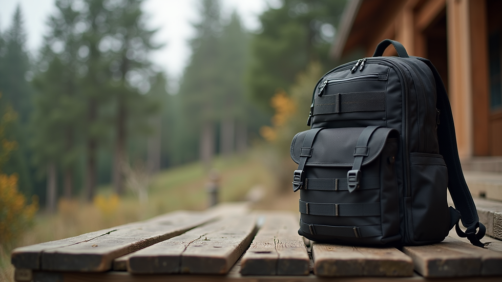 High-angle view of a tactical backpack on a wooden surface