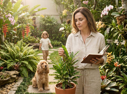 Mulher inspecionando uma planta no jardim enquanto um cão e uma criança circulam com segurança ao fundo