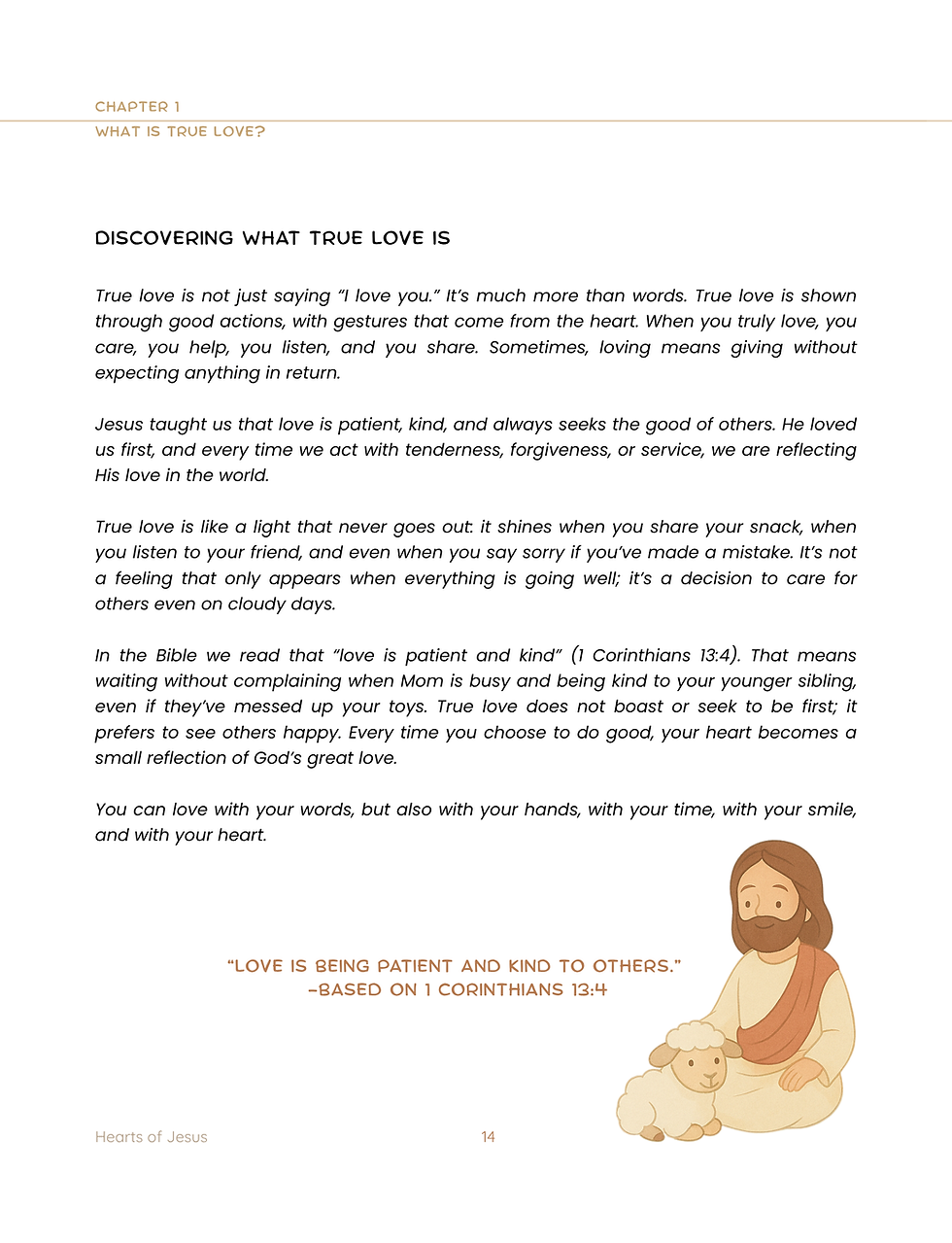 Interior page of the children's devotional Hearts of Jesus, showcasing a prayer reading.