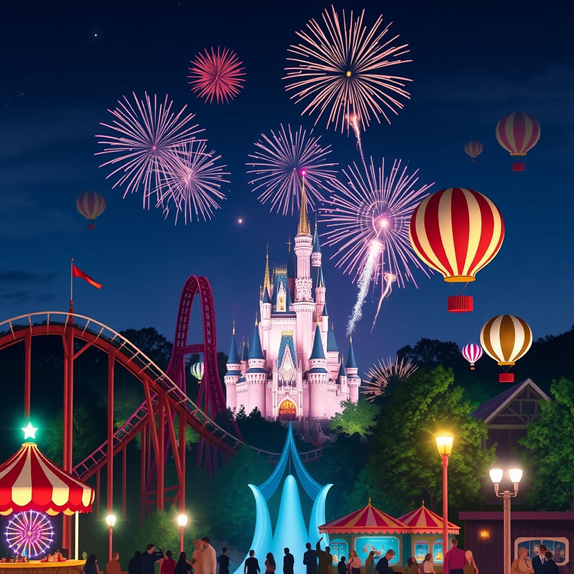 Theme park at night roller coaster, fireworks, castle, balloons.jpg