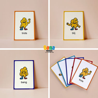 Geïllustreerde emotiekaarten voor kinderen met gevoelsmonstertjes in verschillende emoties.