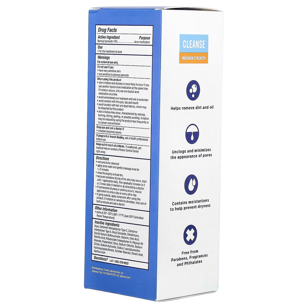 Miniatura: Caja lateral del producto, con información sobre la marca PanOxyl y el propósito del limpiador.