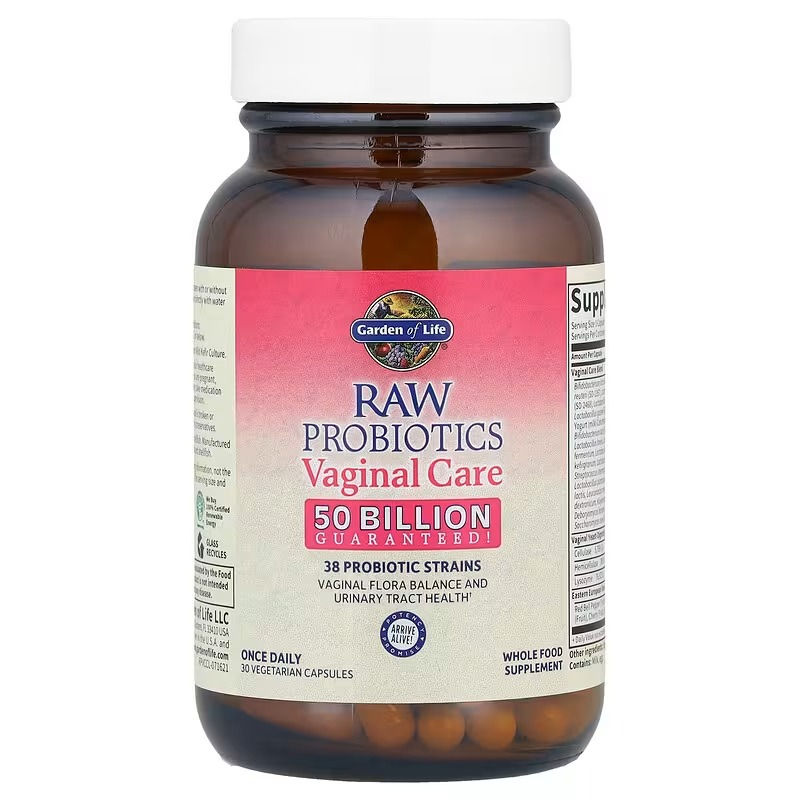 Miniatura: Frasco marrón con etiqueta frontal de Raw Probiotics Vaginal Care, suplemento con 38 cepas probióticas.