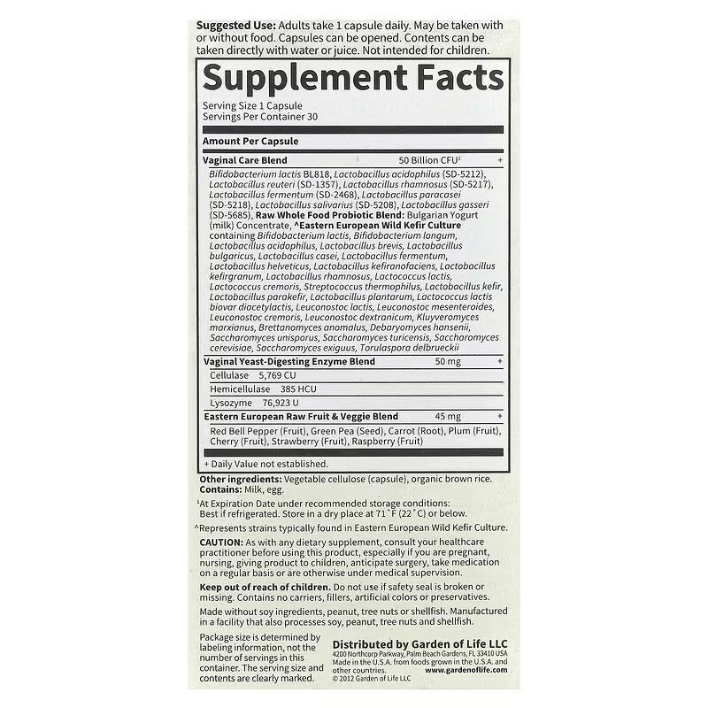 Miniatura: Tabla de información suplementaria detallada del producto Raw Probiotics Vaginal Care.
