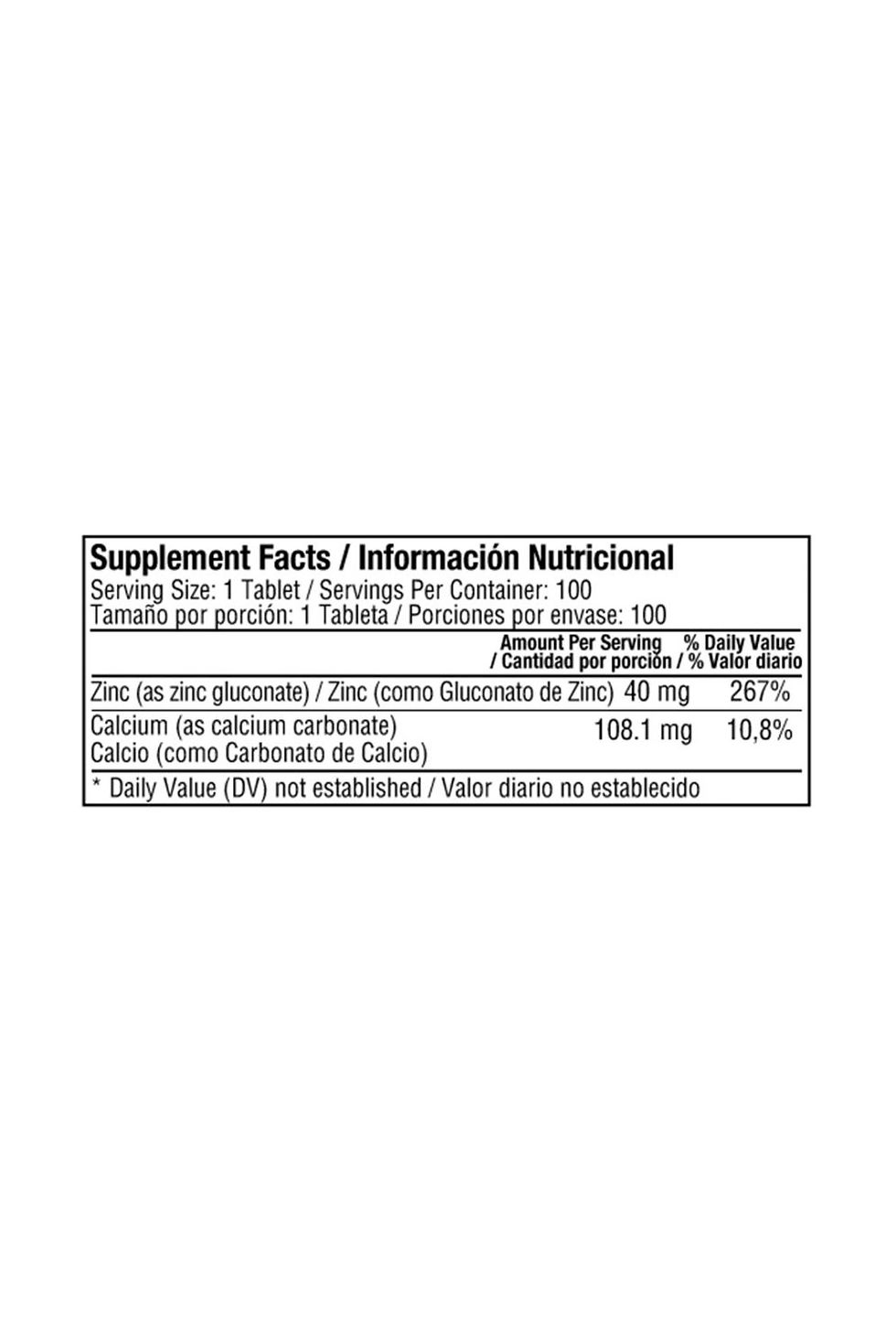 Miniatura: Healthy America, Zinc quelado 40 mg 100 comprimidos tabla nutricional – comprar en Colombia
