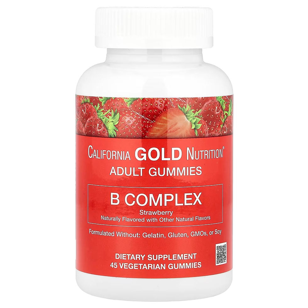 Frontal del frasco de Gomitas con complejo de vitaminas B de California Gold Nutrition®, resaltando su sabor a fresa y su fór