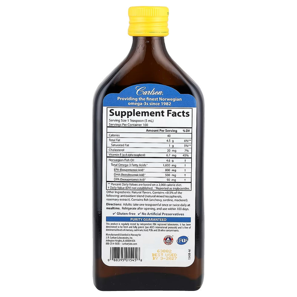 Carlson, El mejor aceite de pescado noruego, sabor a limón natural, 500ml tabla nutricional – comprar en Colombia