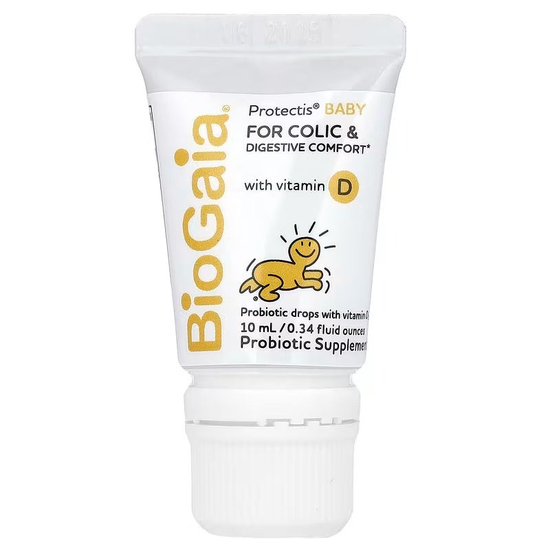 Miniatura: Vista del frasco de BioGaia desde el frente, resaltando su diseño ergonómico y las instrucciones básicas.