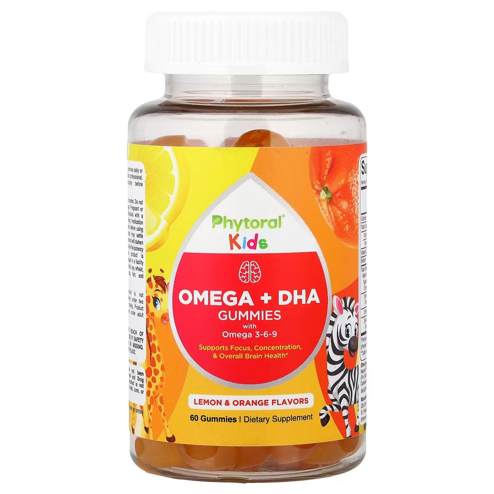 Phytoral, Niños, Gomitas Omega + DHA con Omega 3-6-9, Limón y Naranja, 60 Gomita