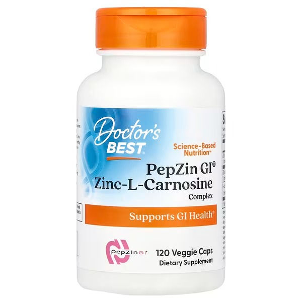 Frontal del frasco de PepZin GI® Zinc-L-Carnosine de Doctor's Best, resaltando su fórmula con zinc-carnosina para la salud ga
