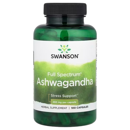 Botella de Swanson Ashwagandha Full Spectrum, suplemento herbal de 100 cápsulas para el alivio del estrés.