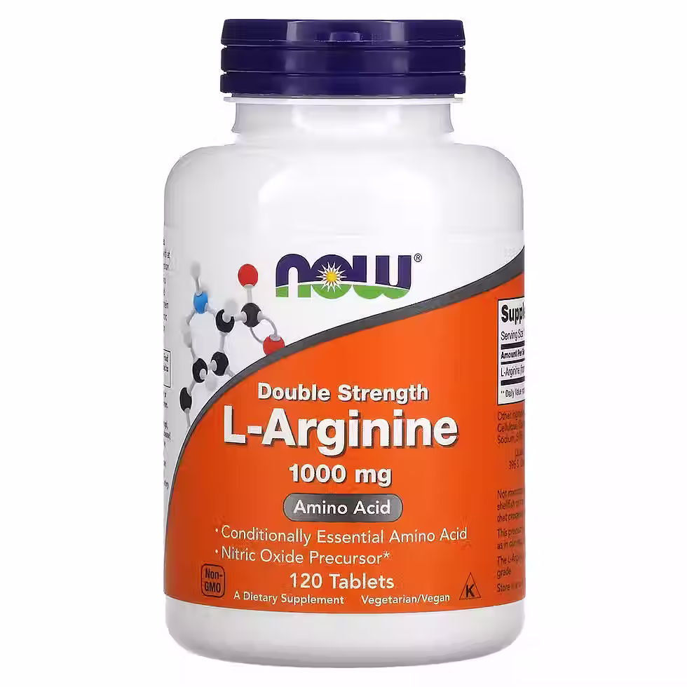 Frontal del envase de NOW L-Arginine 1000 mg, destacando su doble potencia y función como precursor del óxido nítrico