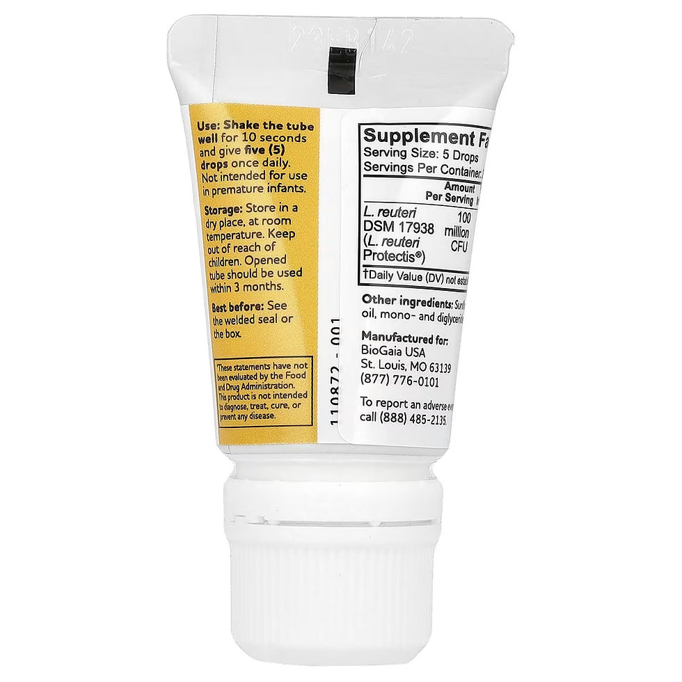 Miniatura: Información nutricional y de uso del suplemento probiótico BioGaia en gotas.