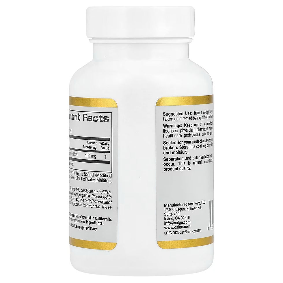 Miniatura: Etiqueta de uso sugerido, advertencias y condiciones de almacenamiento del producto CoQ10.