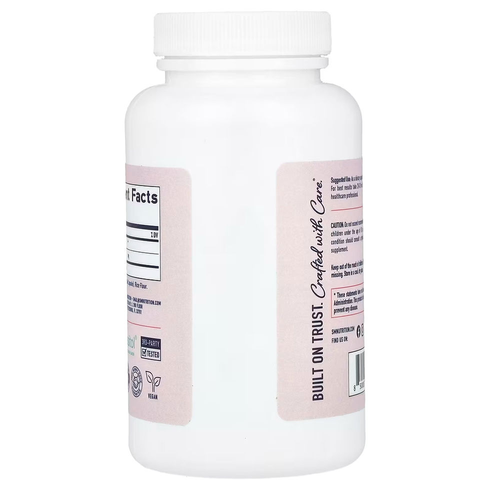 Miniatura: Certificaciones del producto, indicando que es sin gluten, sin OGM, vegano y probado por terceros.