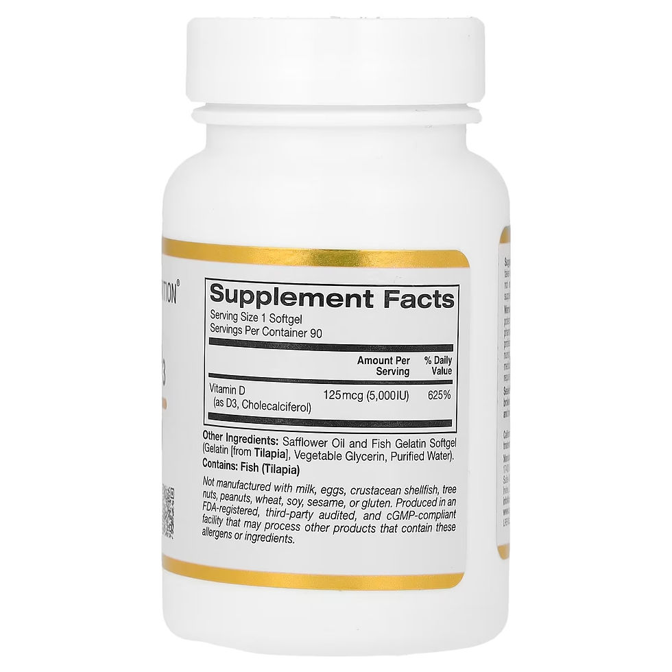 Miniatura: Tabla con los ingredientes y valores nutricionales del suplemento de vitamina D3.