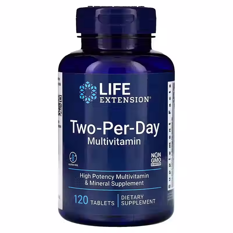 Frontal del frasco de Two-Per-Day Multivitamin de Life Extension, destacando su fórmula de alta potencia.