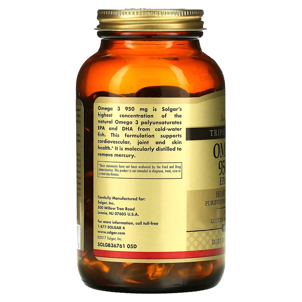 Miniatura: Perspectiva del frasco completo de Omega 3 Solgar mostrando etiquetado lateral.