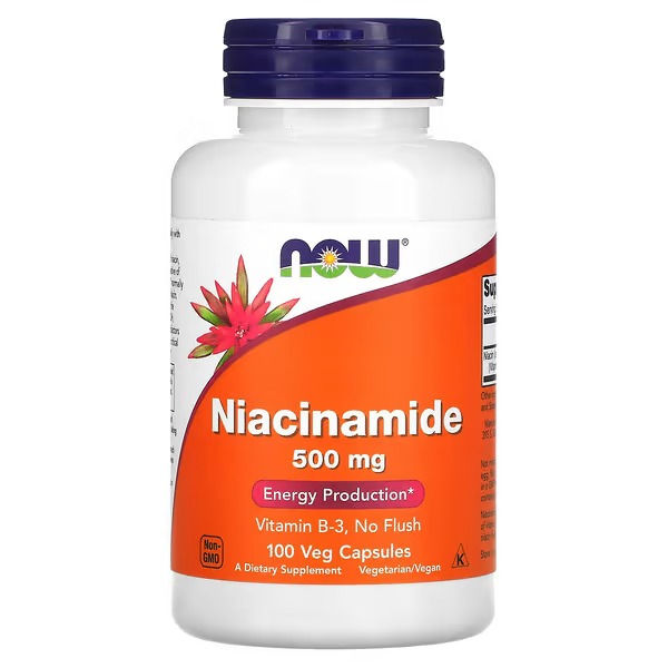 Frontal del frasco de Niacinamida 500 mg de NOW Foods, resaltando que es una vitamina B3 sin efecto de enrojecimiento.