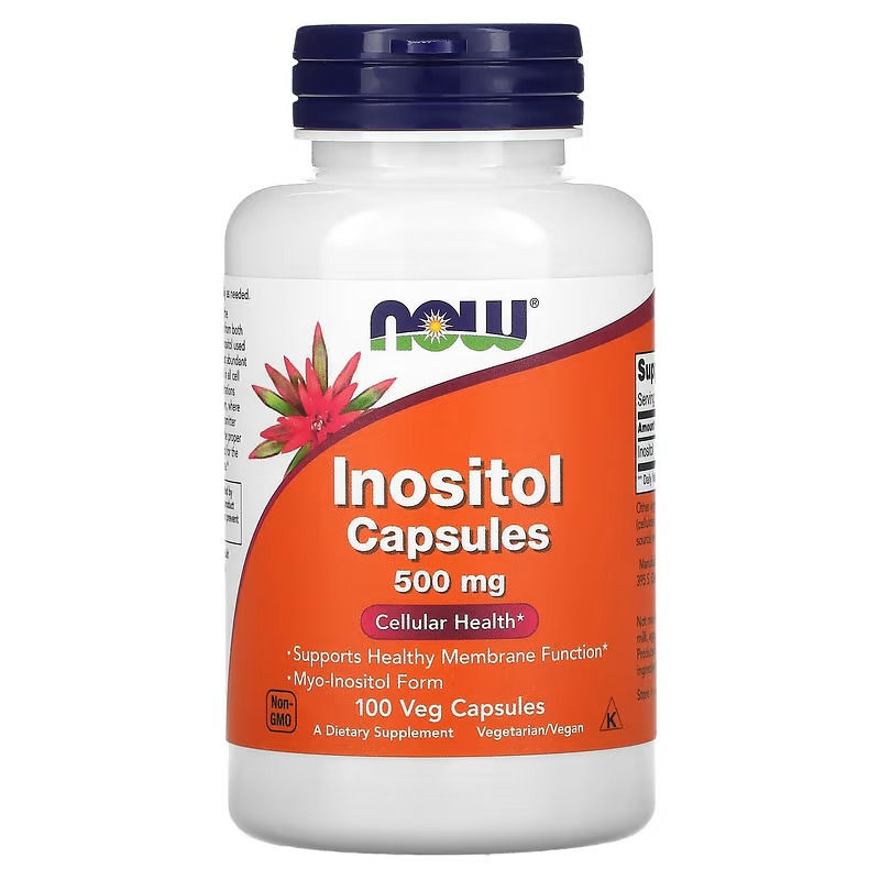 Frontal del envase de Inositol NOW 500 mg, resaltando beneficios para salud celular y forma de mioinositol.