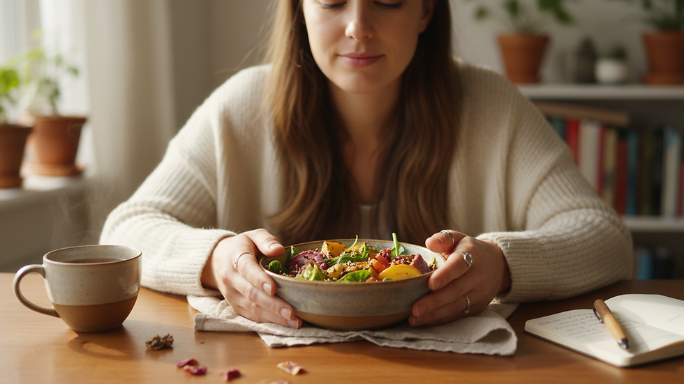 Close-up view of a woman practicing mindful eating with a small bowl of food