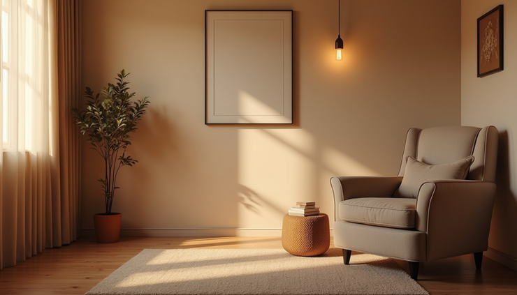 Eye-level view of a calm therapy room with a comfortable chair and soft lighting