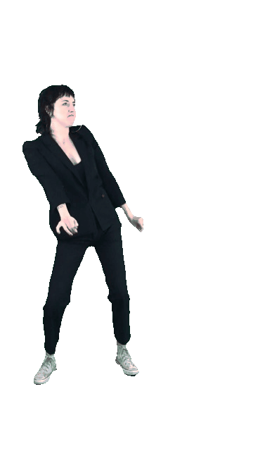 alexis wiggles around and dances in a goofy way, straight-faced
