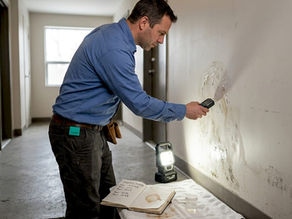 Un inspecteur procède à l’analyse du mur pour détecter d’éventuelles traces de contamination dans le bâtiment.