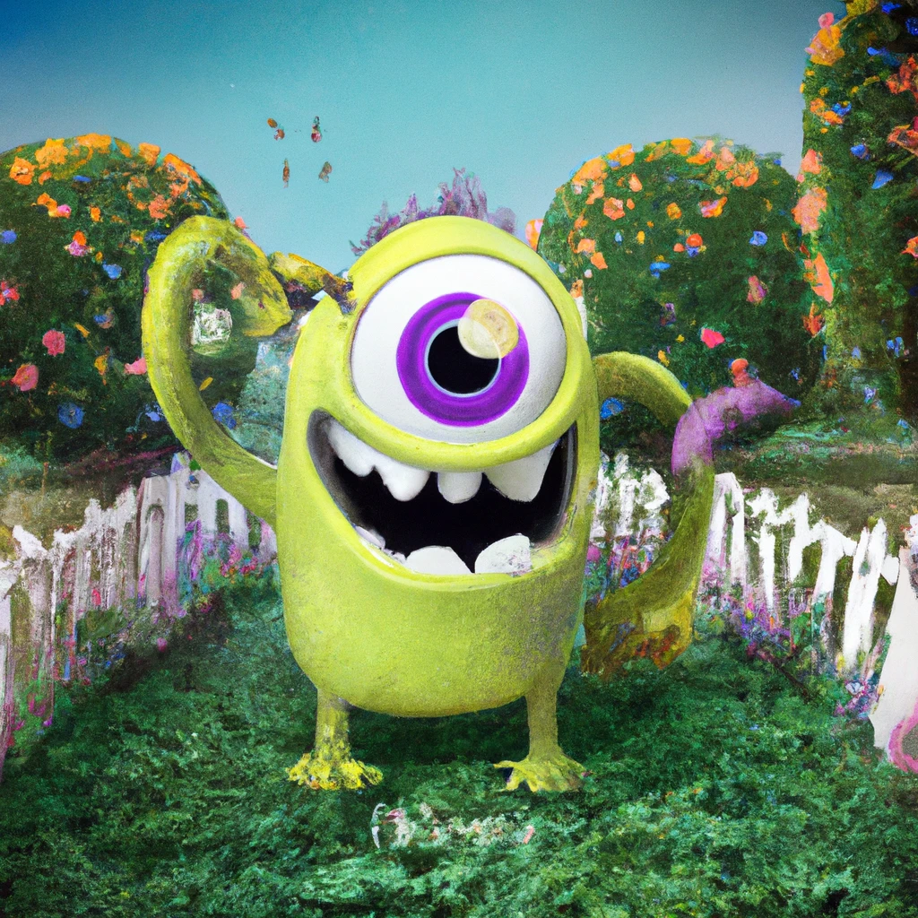 Mike Wazowski in a garden, digital art (Dall-E)