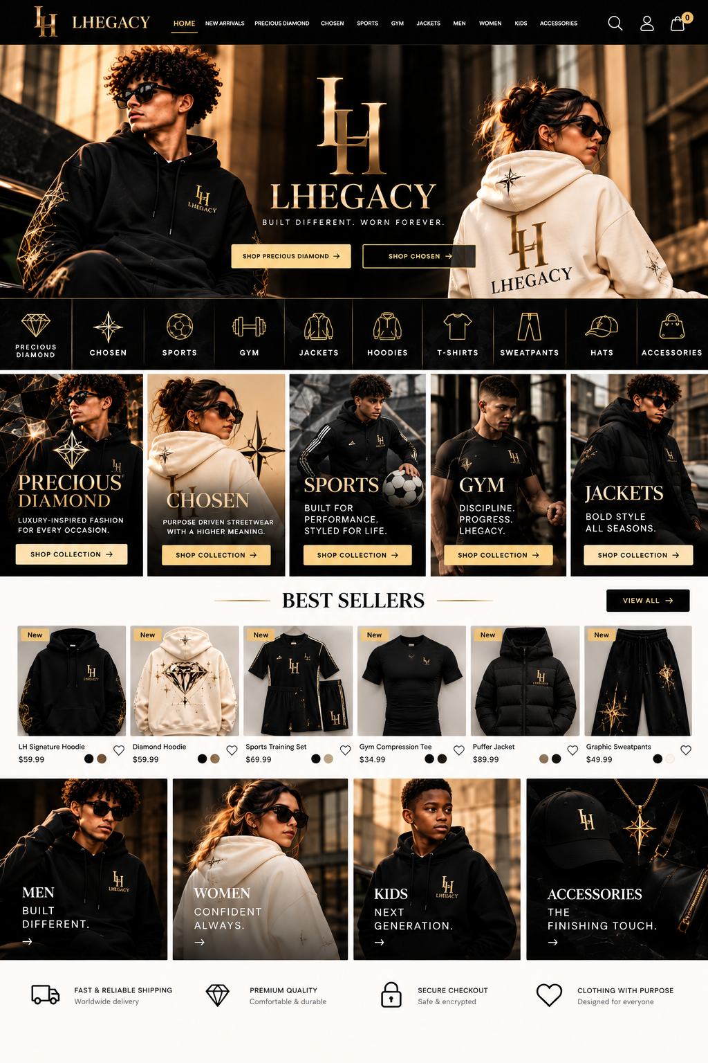 LHEGACY black and gold fashion homepage showcasing Precious Diamond, CHOSEN, Sports, Gym, Jackets, hoodies, apparel and accessories