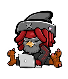 Cartoon red bird, sitting down on the computer wearing a gray hat