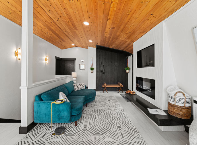 The Beach Barn-Living Room with cozy fireplace.