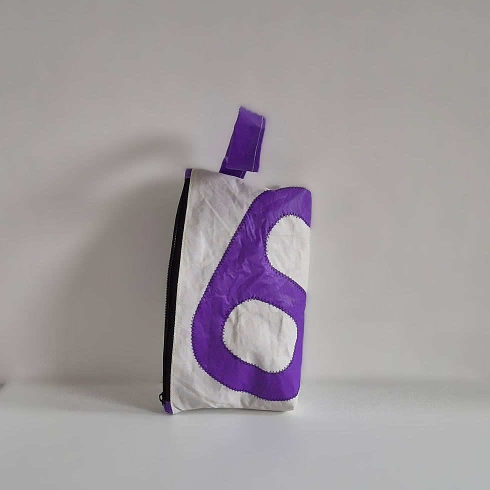Thumbnail: White sailcloth Pouch with purple no.6, purple handle on top, black zip on side