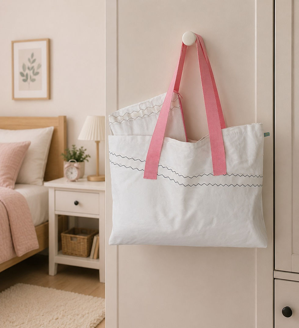 Thumbnail: White sail bag with pink handles hanging from hook in bedroom