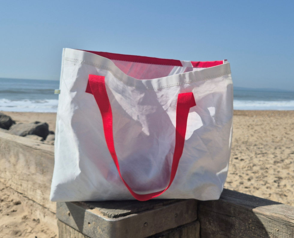 Thumbnail: White Sail Bag with original stickers and red Handles on Beach side