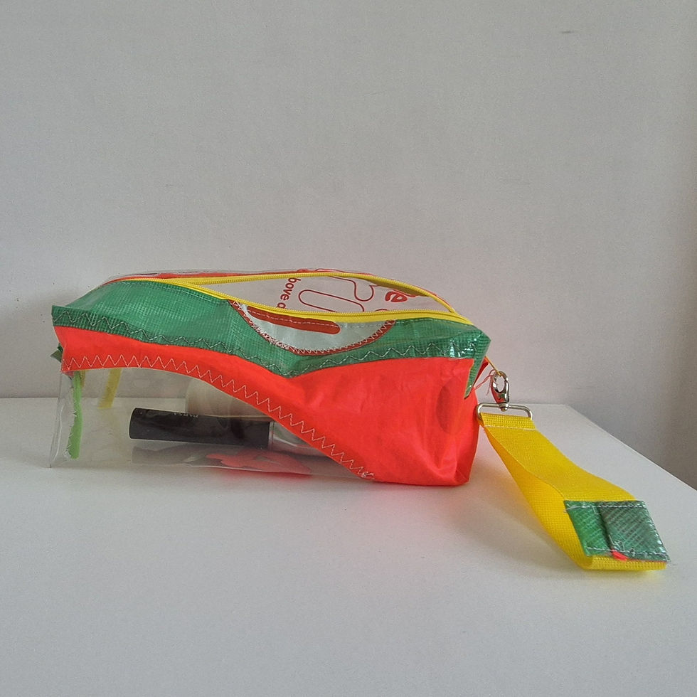 Thumbnail: A clear pencil case with a red, green, and yellow fabric top. The case has a yellow zip and a yellow fabric handle.