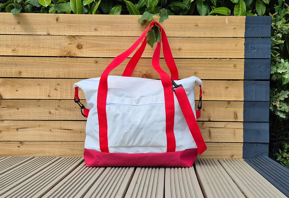 Thumbnail: White Sail Bag with Red Handles and Zip, red Canvas Bottom, Outside setting