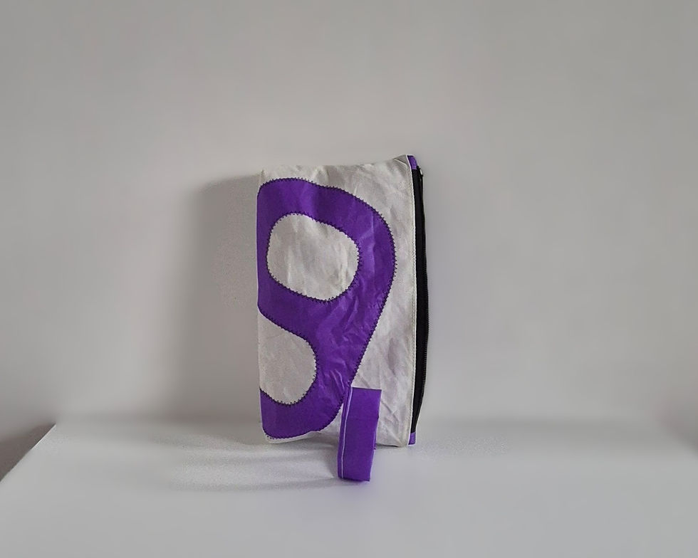 Thumbnail: White sailcloth Pouch with purple no.9, purple handle on bottom, black zip on side