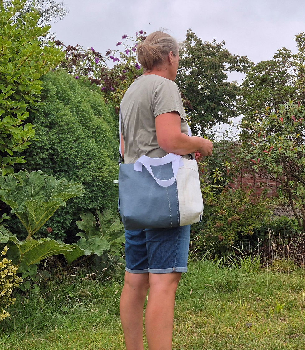 Thumbnail: Person carrying Blue and white Sail Bag with white handles and crossbody Strap over Shoulder. Garden Setting.